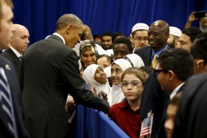 U.S. President Barack Obama greets students after his remarks at the Islamic Society of Baltimore mosque in Catonsville, Maryland February 3, 2016.  REUTERS/Jonathan Ernst