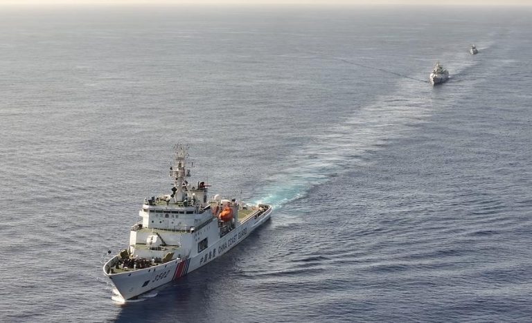 (240515) -- SOUTH CHINA SEA, May 15, 2024 (Xinhua) -- An aerial drone photo taken on May 12, 2024 shows vessels of the China Coast Guard (CCG) sailing during a training in the South China Sea. The CCG conducted a regular training during operations of rights protection and law enforcement in the waters of Huangyan Dao. (Photo by Rao Bin/Xinhua)