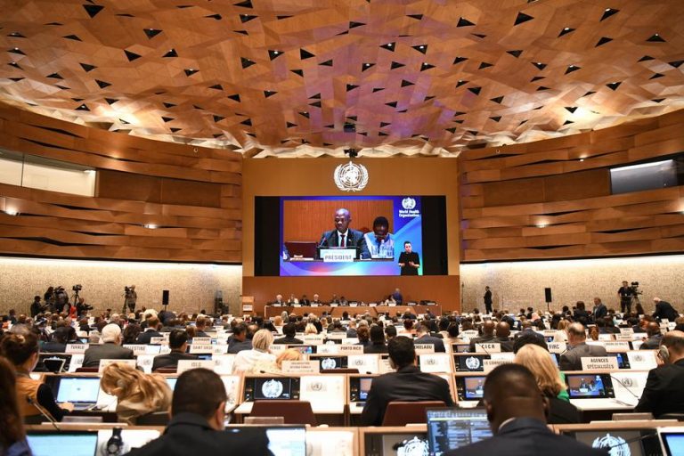 (240528) -- BEIJING, May 28, 2024 (Xinhua) -- This photo taken on May 27, 2024 shows the 77th World Health Assembly (WHA) in Geneva, Switzerland. The World Health Assembly (WHA), the highest decision-making body of the World Health Organization (WHO), decided on Monday not to include in its agenda a proposal on Taiwan's participation in the annual assembly as an observer. (Xinhua/Lian Yi)