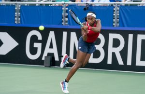 DELRAY BEACH, FL - APRIL 14: Coco Gauff (USA) competes during the 2023 Billie Jean King Cup USA vs Austria on April 14, 2023, at the Delray Beach Stadium & Tennis Center in Delray Beach, Florida.(Photo by Aaron Gilbert/Icon Sportswire via Getty Images)