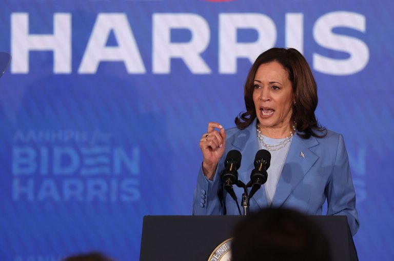 LAS VEGAS, NEVADA - JULY 09: U.S. Vice President Kamala Harris speaks during a campaign event at Resorts World Las Vegas on July 09, 2024 in Las Vegas, Nevada. Harris announced the launch of the Asian American, Native Hawaiian, and Pacific Islander (AANHPI) for Biden-Harris national organizing program that will mobilize Asian American, Native Hawaiian, and Pacific Islander voters and communities across the country. (Photo by Justin Sullivan/Getty Images)