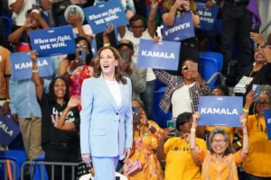 ATLANTA, GEORGIA - JULY 30: Democratic presidential candidate, U.S. Vice President Kamala Harris arrives at her campaign rally at the Georgia State Convocation Center on July 30, 2024 in Atlanta, Georgia. (Photo by Julia Beverly/Getty Images)