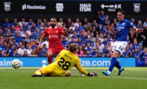 Liverpool's Mohamed Salah scores their side's second goal of the game during the Premier League match at Portman Road, Ipswich. Picture date: Saturday August 17, 2024. PA Photo. See PA story SOCCER Ipswich. Photo credit should read: Bradley Collyer/PA Wire. RESTRICTIONS: EDITORIAL USE ONLY No use with unauthorised audio, video, data, fixture lists, club/league logos or "live" services. Online in-match use limited to 120 images, no video emulation. No use in betting, games or single club/league/player publications.