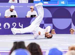 PARIS, FRANCE - AUGUST 9: India Sardjoe of the Netherlands competing in the B-Girls Round Robin during Day 14 of Breaking - Olympic Games Paris 2024 at Place de la Concorde on August 9, 2024 in Paris, France. (Photo by Rene Nijhuis/BSR Agency)