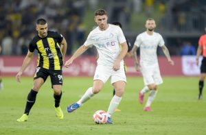 JEDDAH, SAUDI ARABIA - DECEMBER 26: Aymeric Laporte of Al Nassr during the Saudi Pro League match between Al-Ittihad and Al-Nassr at Prince Abdullah Al Faisal Stadium on December 26, 2023 in Jeddah, Saudi Arabia. (Photo by Khalid Alhaj/MB Media/Getty Images)