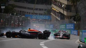 Sergio Perez of Mexico is driving the (11) Oracle Red Bull Racing RB20 Honda RBPT and crashing during the Formula 1 Grand Prix De Monaco in Montecarlo, Monaco, on May 26, 2024. (Photo by Alessio Morgese/NurPhoto)