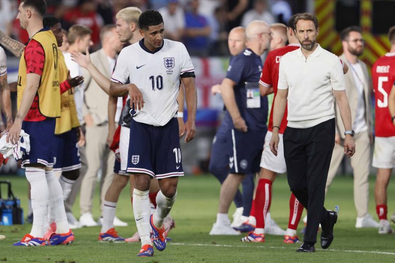 FRANKFURT AM MAIN, GERMANY - JUNE 20: Jude Bellingham of England and Gareth Southgate, Manager of England looks dejected after the UEFA EURO 2024 group stage match between Denmark and England at Frankfurt Arena on June 20, 2024 in Frankfurt am Main, Germany. (Photo by Richard Sellers/Sportsphoto/Allstar via Getty Images)
