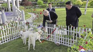 Poetin krijgt bij bezoek in Noord-Korea zeldzame honden cadeau van Kim Jong-un