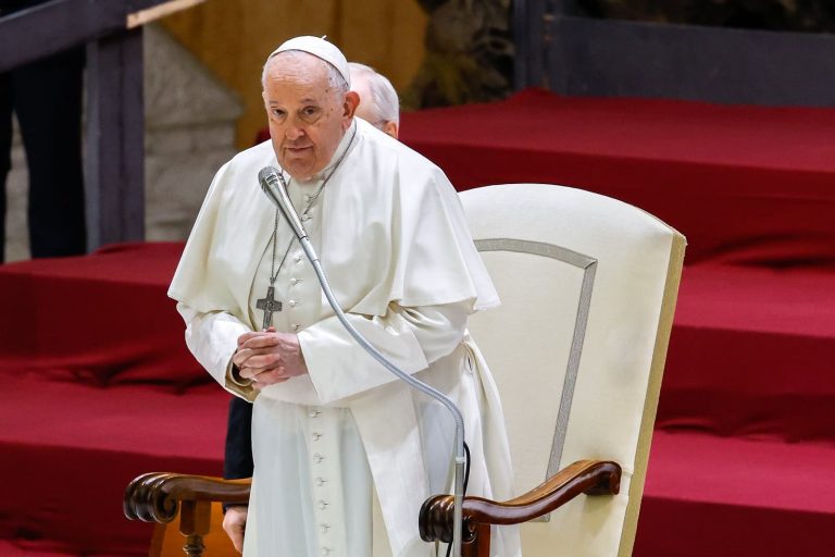 Pope Francis begins his weekly general audience in the Paul VI Audience Hall at the Vatican Dec. 13, 2023. (CNS photo/Lola Gomez)